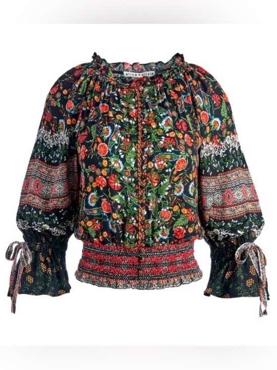 Alice + Olivia Tops - Alice + Olivia Kora Smocked Peasant Top Paradise Multi sz L